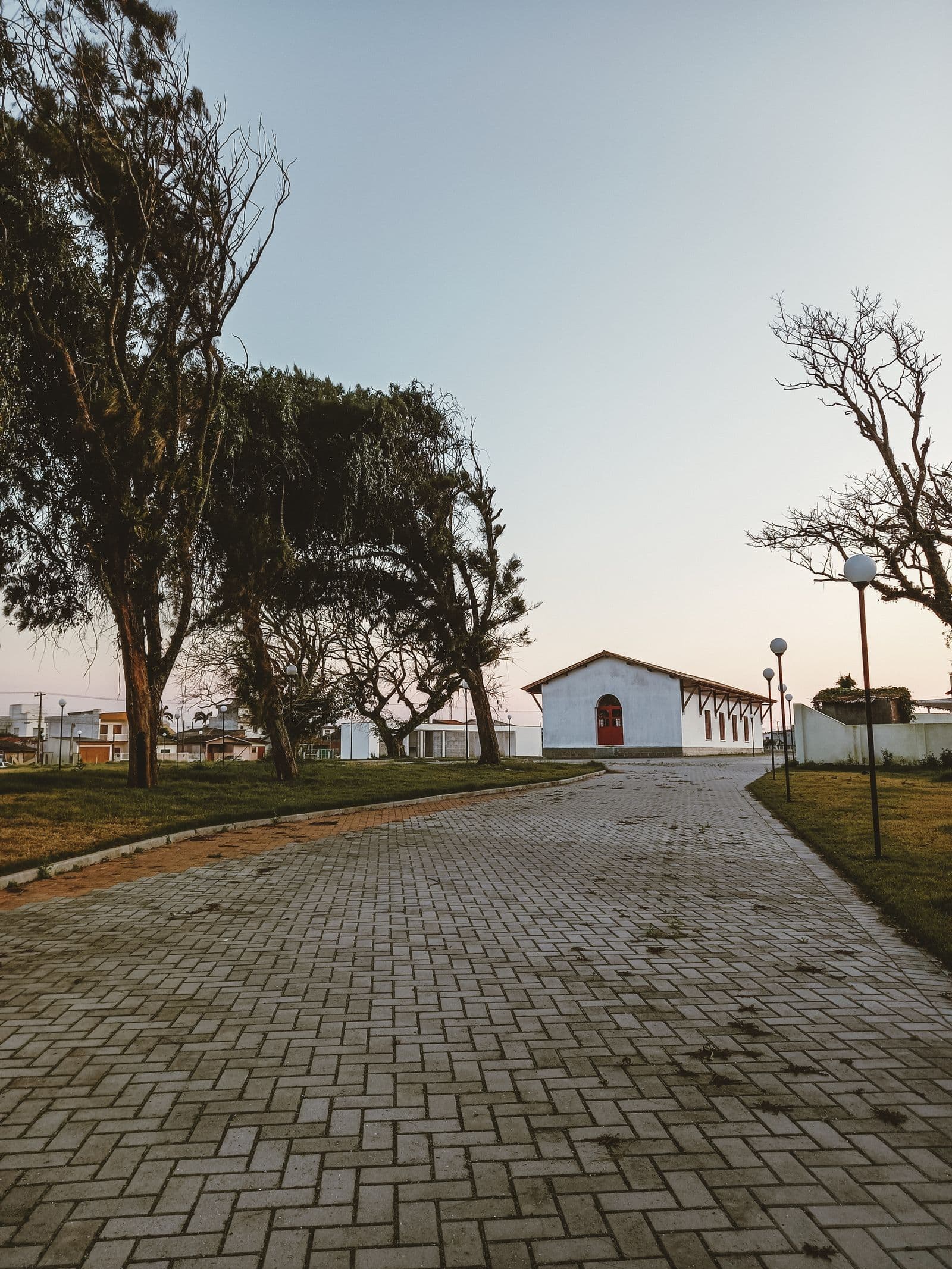 Paved driveway edged with mature trees and a residential building